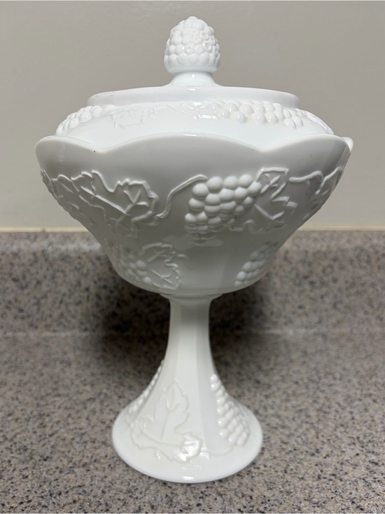 Other - White Milk Glass Compote with Grape Leaf Motif